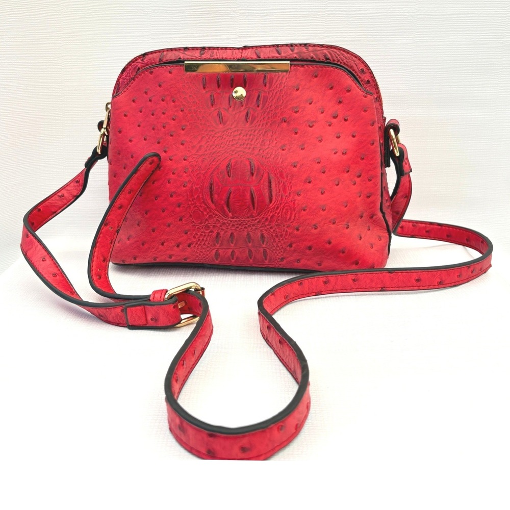 Red Ostrich x Croc Crossbody Bag Adj Strap Lots of Pockets Vegan Leather